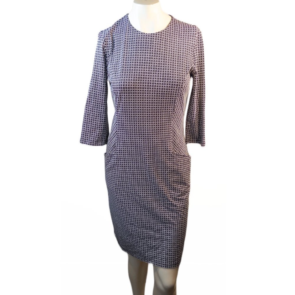 J Mclaughlin Size Medium Dress Black White Print Catalina Pockets Bodycon Casual